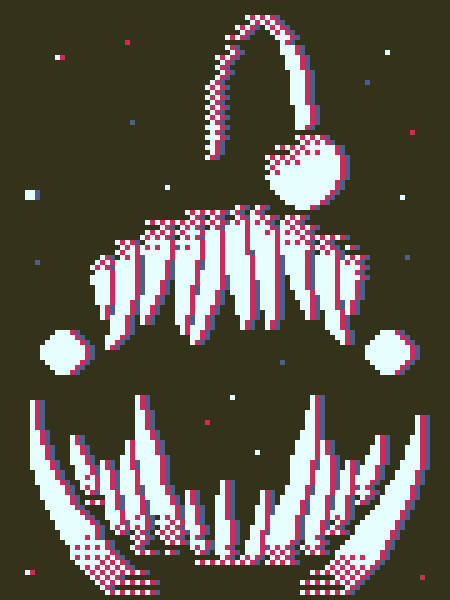 A 1bit sprite of an anglerfish from the video game Outer Wilds. There is a glitch effect over it as it swims towards the viewer.