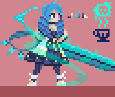 A pixel art sprite of Gwen from League of Legends!