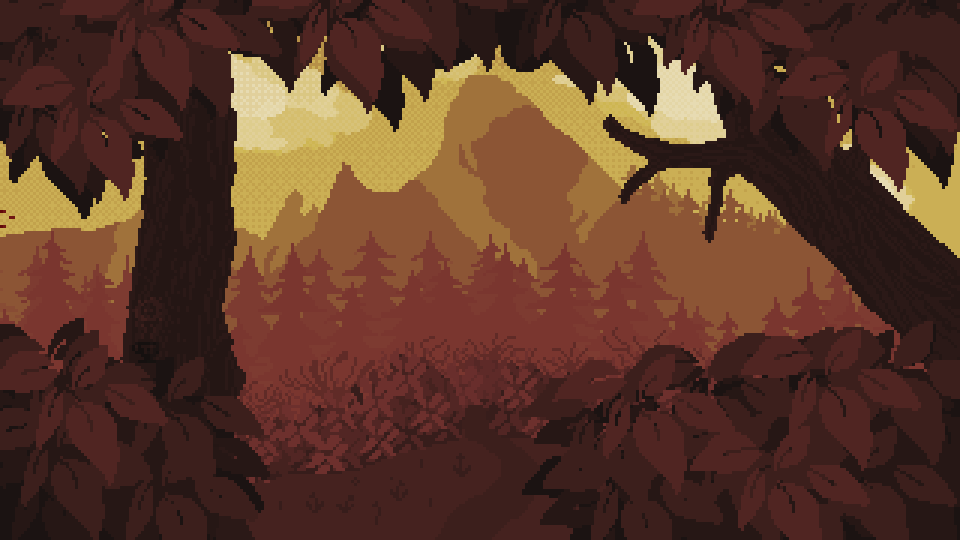 A pixel art landscape of the Boulder Colorado Flatiron mountain range at sunset; clouds and birds pass the peaks of the mountains, and a forest surrounds its base.