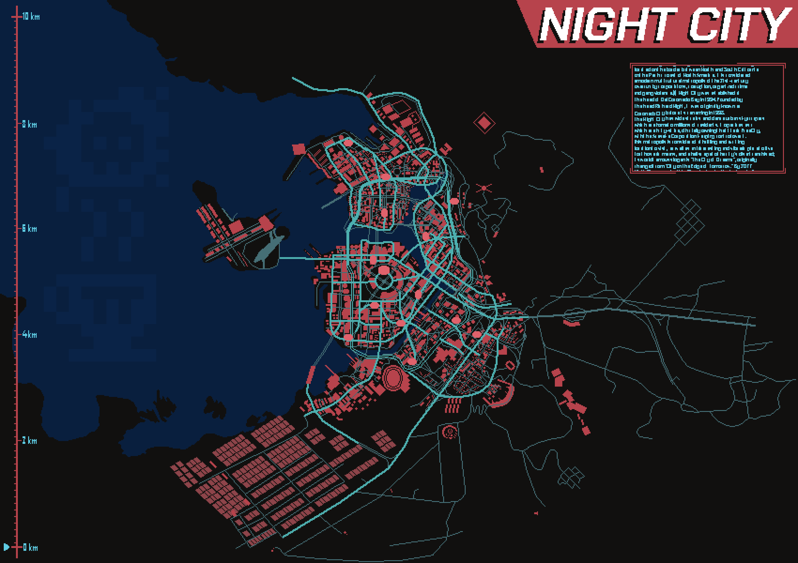 A birds-eye map of Night City from the Cyberpunk setting of R. Talsorian Games!