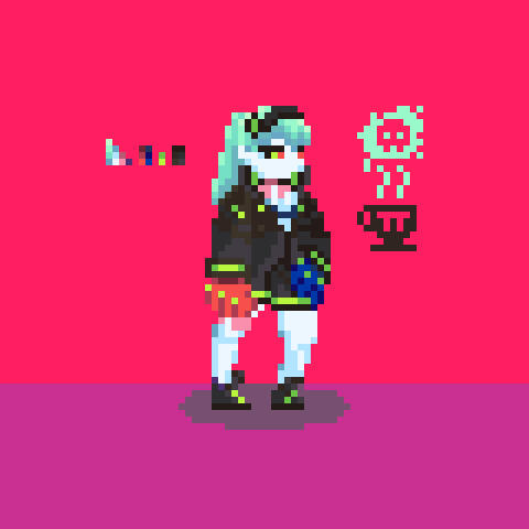 A pixel art sprite of Rebecca from the anime Cyberpunk Edgerunners!